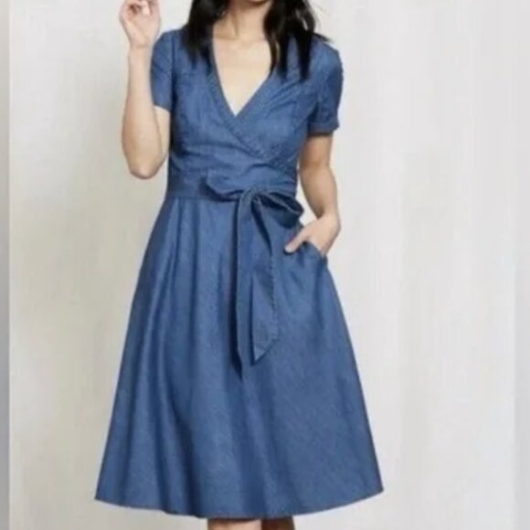BODEN Lara Chambray Faux Wrap Denim Dress size 12R Excellent - Picture 1 of 10